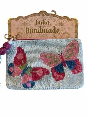 India Handmade Beaded Butterfly Zip Pouch - Pink & Blue